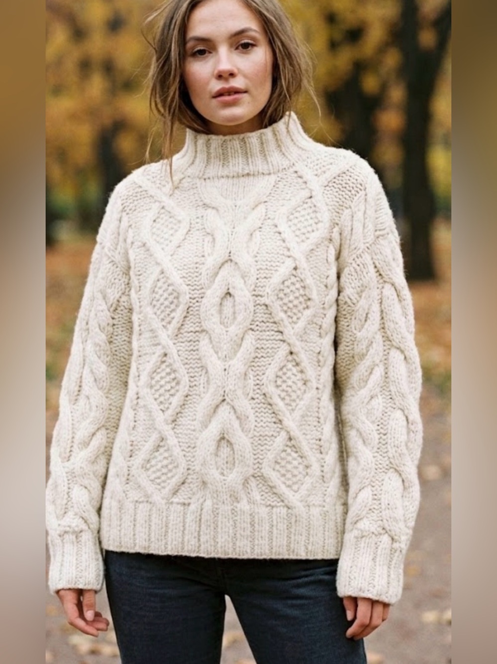 NOVICA Classic Cable Knit 100% Alpaca Turtleneck Sweater in Cream